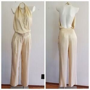 Reiss Jody Gold Metallic Halter Jumpsuit Open Back Crossover NEW Cocktail Glam